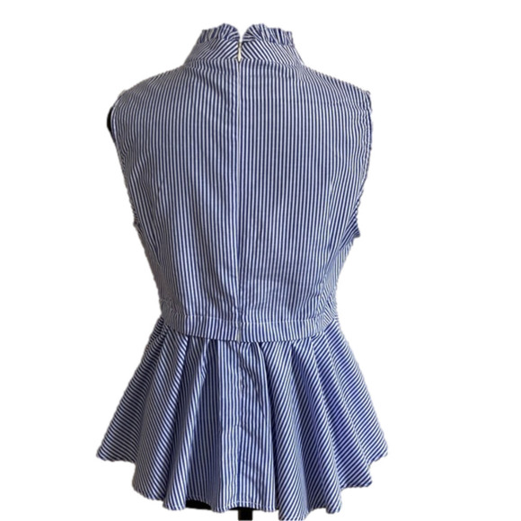 CI Sono blue & white pinstripe high collar sleeveless peplum blouse. Size M - Picture 2 of 9